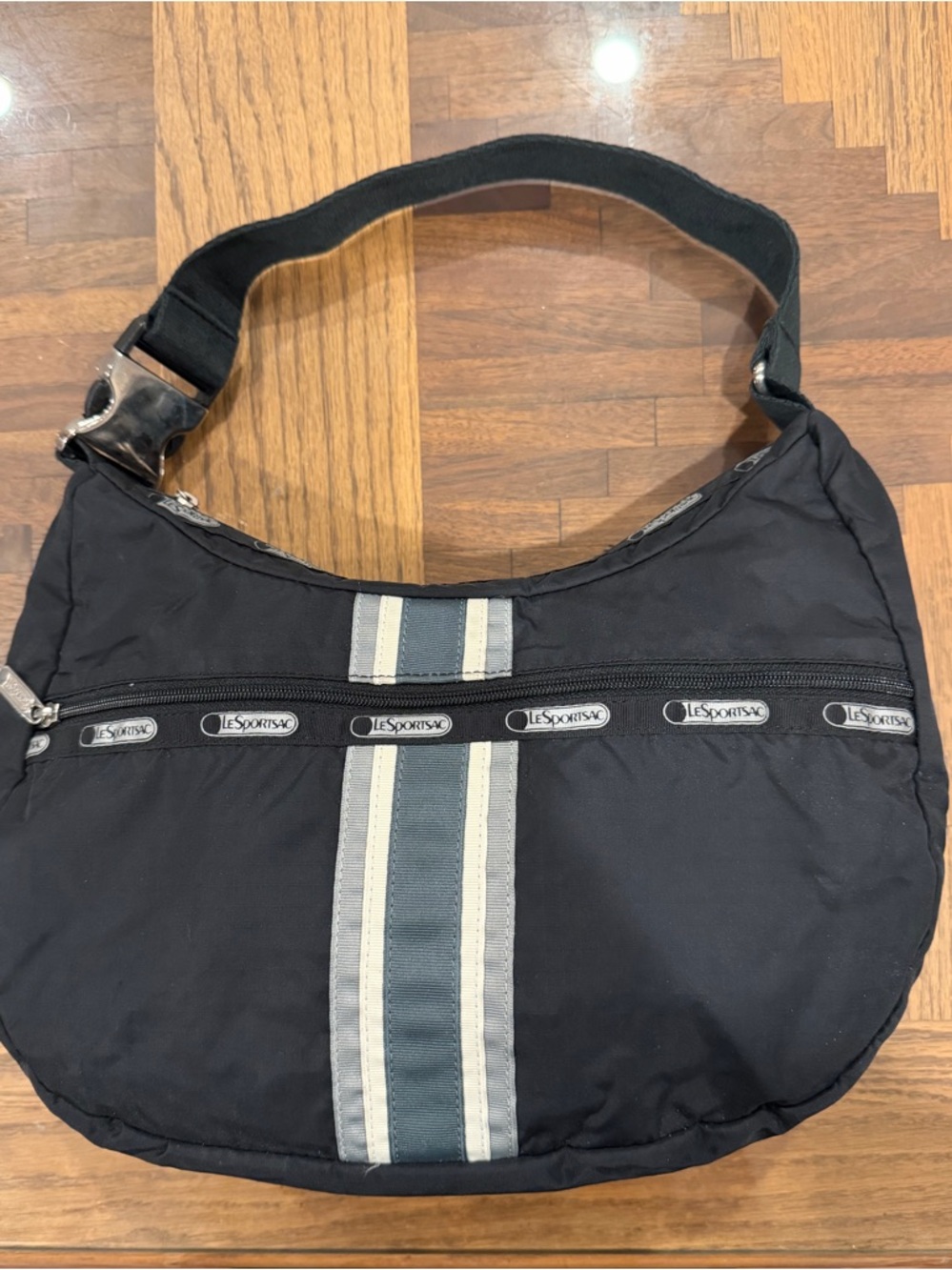 LeSportsac Black shoulder bag with grey and cream stripes
